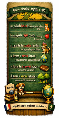 phrases simples adjectif + COD en espéranto 