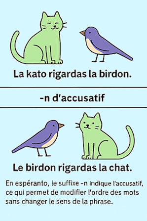 Illustration montrant que l'ordre des mots en espéranto n'a pas d'importance grâce au N de l'accusatif, avec explication en français.