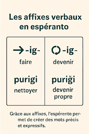 Illustration verticale des affixes verbaux en espéranto, montrant “-ig-” pour “faire” et “-iĝ-” pour “devenir” avec des exemples clairs.