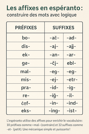 Illustration éducative des 10 préfixes et 32 suffixes utilisés en espéranto pour former des mots.