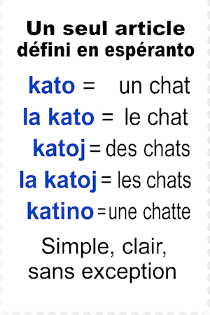 Timbre miniature illustrant l’usage de l’article défini en espéranto avec le mot “kato” : un chat, le chat, des chats, les chats, une chatte.