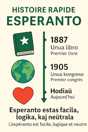 Illustration représentant Ludwik Zamenhof, la date de création 1887, et une frise chronologique de l’évolution de l’espéranto, avec les textes en espéranto et en français
