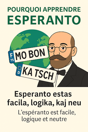 Illustration de deux plaques d'immatriculation représentant la France et l'Allemagne, accompagnée du texte en espéranto et en français expliquant que l'espéranto est une langue facile, logique et neutre.